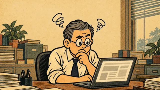 ノートパソコンの前で首をかしげる社長
